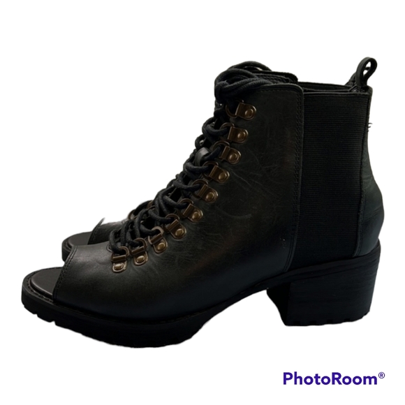 VON Dutch Shotgun Leather Heeled Boots Lace-Up Open-Toe Bootie Black 7M - Picture 12 of 15